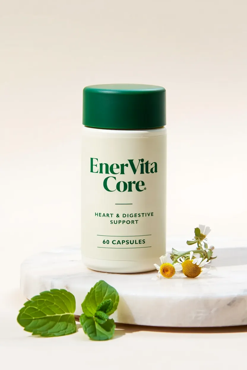 EnerVita Core natural supplement bottle with green and white packaging containing heart and digestive support formula
